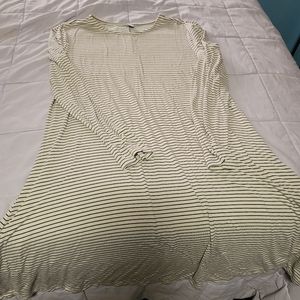 Long sleeve swing dress. Hits just at knee length. Ecru with navy pinstripes